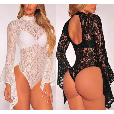 

Womens Full Lace Lingerie Bodysuit Strappy Plunge V Neck Bodycon Leotard Tops