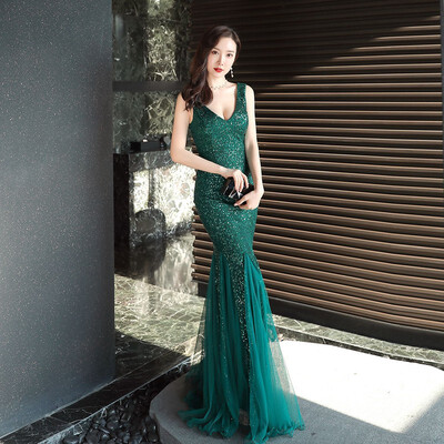 

Sexy Prom Dresses Floor-Length Sequin V-Neck Mermaid Evening Dress Female Banquet And Annual Meeting Long Dress