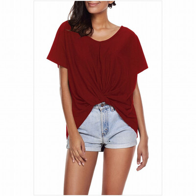 

Round neck short-sleeved front knotted skirt loose solid color T-shirt top