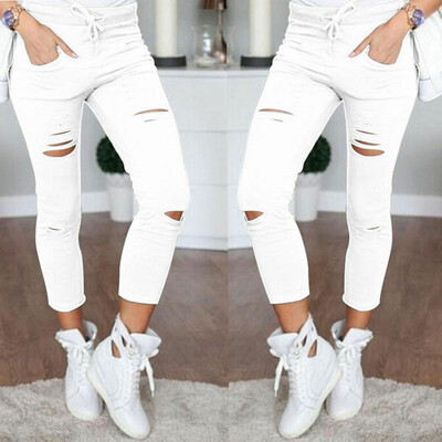 

Women Skinny Ripped Holes Jeans Nith Pants High Waist Stretch Pencil Trousers