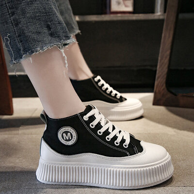 

Increase the tide of womens shoes autumn short boots high canvas shoes Korean version of Joker sponge cake thick bottom white sho