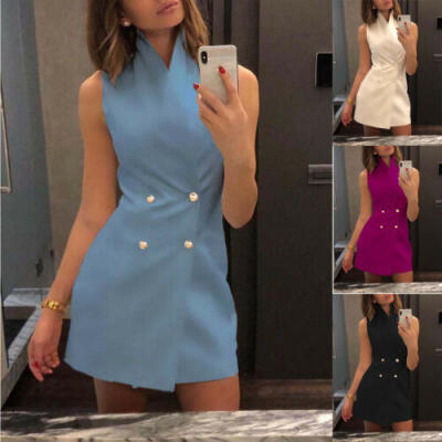 

UK Women Bodycon Collar Blazer Double Breasted Sleeveless Work Formal Mini Dress