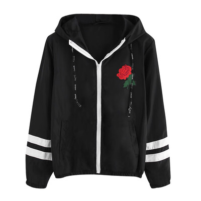 

Toponeto Women Long Sleeve Rose Thin Skinsuits Hooded Zip Floral Pockets Sport Coat
