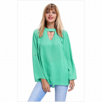 

V-neck long-sleeved mesh solid color shirt casual straight top