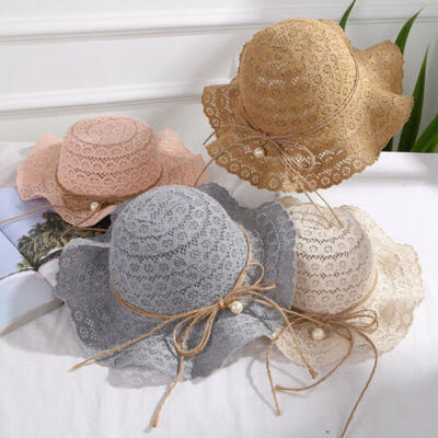 

Kids Baby Girl Lace Wave Beach Bucket Hat Children Cap Pearl Foldable Sun Hat US