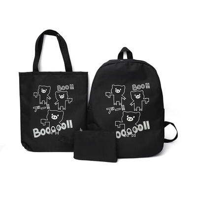 

3pcsset Canvas Women Cartoon Backpack Large Capacity Shoulder Bag Clutch
