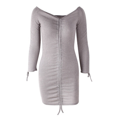 

Autumn And Winter Pit Sexy Bag Hip Long Sleeve Dress Long Skirt Solid Color Slash Neck Drawstring Knit Dress