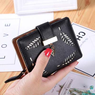 

Fashion Short Wallets For Women Leather Hollow Leaf Purse Money Bags Female Zipper Purse Card Holder Cartera Mujer Wallets