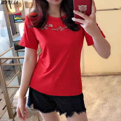 

Womens Round Neck Mesh Floral Embroidery Short Sleeve Hollow Out Slim Basic T-Shirt