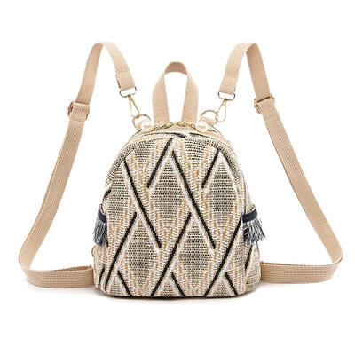 

Straw Woven Small Travel Backpacks Women Stripe Print Shoulder School Bags