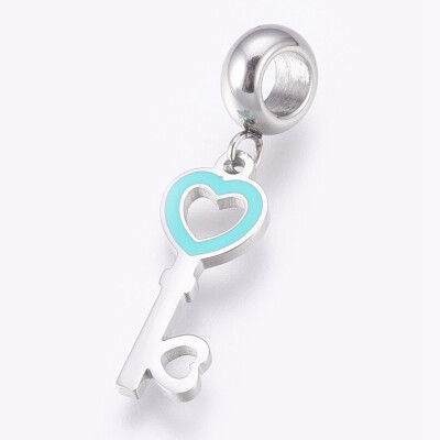 

304 Stainless Steel European Dangle Beads Large Hole Pendants with Enamel Heart Key Stainless Steel Color Cyan 30mm