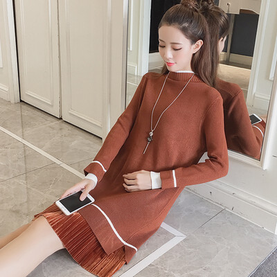 

Autumn solid color dress pullover bottom stitching design womens knit dress Korean long sleeve knee-length dress