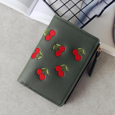 

Womens Short Wallet Vertical Zipper Buckle Purse Cherry Embroidery Small Leather Wallet For Ladies Card Holder