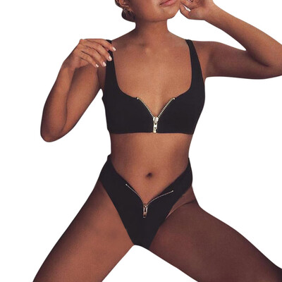 

Saidsome Women Pure Color High Waist Zipper Bikini Padded Swimsuit Bathing Beachwear