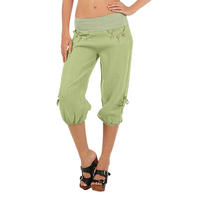 

Tailored Women Summer Elastic Waist Boho Check Pockets Pants Baggy Wide Leg Yoga Capris