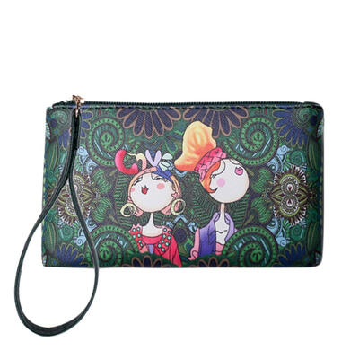 

Vintage Women Cartoon Printed Long Clutch PU Leather Purse Wallets Wristlet