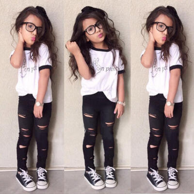 

Toddler Kids Girl Tops T-shirt Long Ripped Pants Leggings Outfits Set Clothes