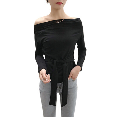 

Womens Sexy Long-Sleeved T-Shirt Knitted Solid Color Slim Pure Color Autumn Tee Korean Style Lady Round Neck Clothes