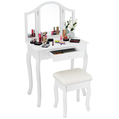 

Black White Vanity Makeup Dressing Table with Tri Folding Mirror Drawer-White