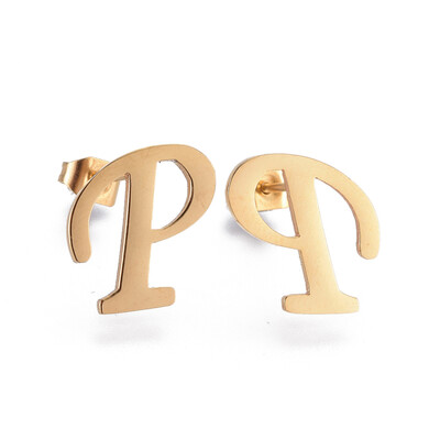 

304 Stainless Steel Stud Earrings Alphabet LetterP 13x13x1mm Pin 07mm