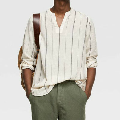 

Mens Linen Long Sleeve Shirt Summer Cool Loose Casual V-Neck Shirts Tops -3XL