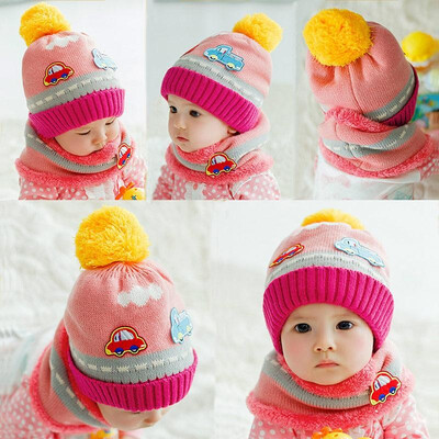 

New Cute Baby Girl Boy Knitted Hat Scarf Set Car Pattern Fleece Warm Cap Neck Warmer Two-Piece Set