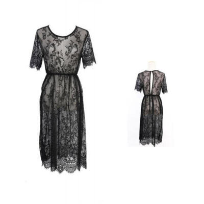 

Womens Sexy Perspective Lace Halter Short Sleeve Beach Dress Swimsuit Cover Up