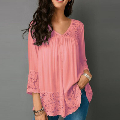 

Women Summer Solid Color Lace Stitching Shirt V-Neck Seven-Quarter Sleeve Sexy Cute Casual Tops