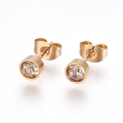 

304 Stainless Steel Ear Studs with Rhinestone Flat Round Crystal Golden 13514mm Pin 07mm