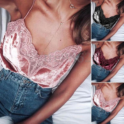 

Women Ladies V Neck Slim Sleeveless Lace Velvet Vest Top Tank Blouse Camisole
