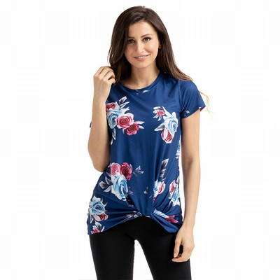 

White V-neck short-sleeved printed hem pleated design straight top T-shirt