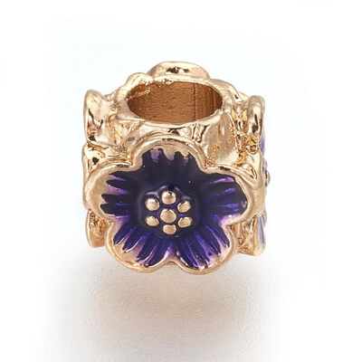 

Alloy European Beads with Enamel Flower Golden Blue 7x8x8mm Hole 4mm