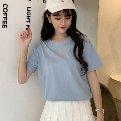 

Women T-Shirt colorful Tops Cute Girl Love Heart Embroidery Print T-Shirt Female Casual T shirt Women T Shirt Summer