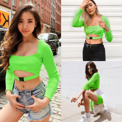 

Sexy Women Hollow Slim Long Sleeve Square Neck Crop Top T Shirt Short Blouse Tee