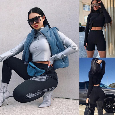 

Women Cropped Top Short Pants Sport Set Turtleneck Long Sleeves Glove High Waist Casual 2PCS