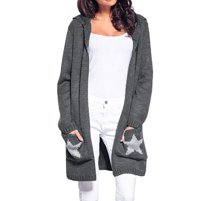 

Toponeto Womens Long Sleeve Hooded Cardigan Star Patchwork Open Front Cardigan Sweater