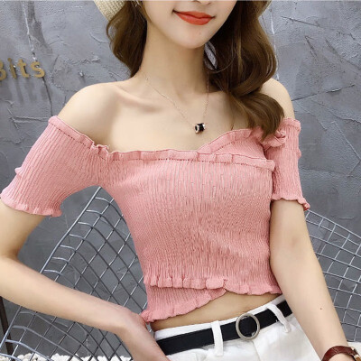 

Womens Slash Neck Solid Short Sleeve Knitted Ruffles T-Shirt