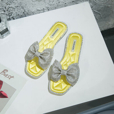 

Fashion rhinestone bow slippers women wear 2019 summer new Korean version of Joker net red flat-bottomed pregnant women sandals ti