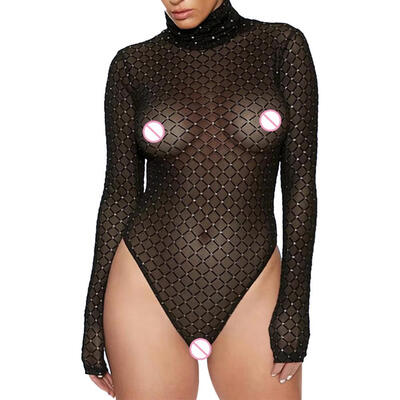 

Sexy Women Long Sleeve Mesh Bodycon Hollowed Jumpsuit Perspective Bodysuit