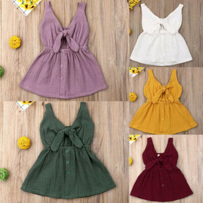 

Toddler Kids Baby Girls Dress Sundress Flower Cotton&Linen Button A-line Dresses
