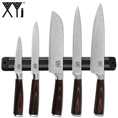 

XYj Stainless Steel Knife 6 Pcs Set 7cr17 Sharp Blade Damascus Veins Color Wood Handle Knife Chef Slicing Santoku Utility Knife