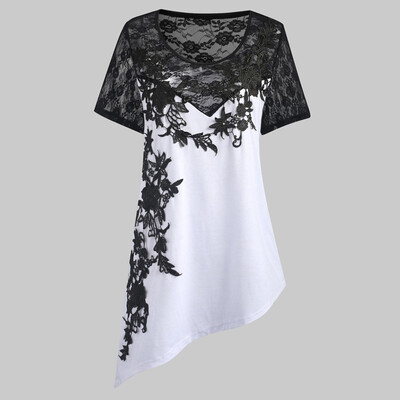 

Starmoon Plus Size Womens Appliques Blouse Floral Lace Asymmetric T-shirt Tops
