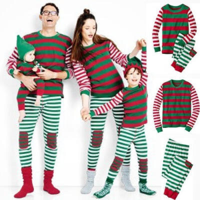 

Christmas Xmas Kids Adult Family Pajamas Set Striped Sleepwear Nightwear Costume Green Kids Red Adult