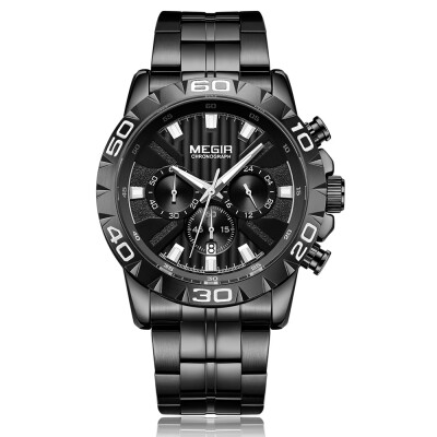 

MEGIR 2087 Men Watch Quartz Sport Simple Wristwatch Stainless Steel Strap 3ATM Waterproof Calendar Chronograph Luminous Hands Fash