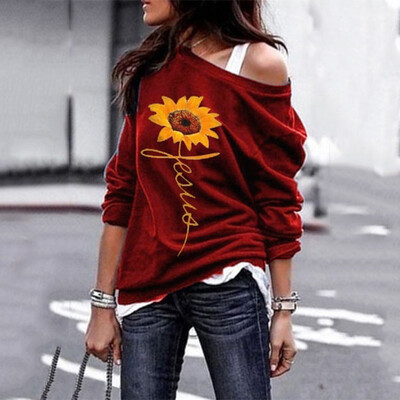 

Starmoon Women Long Sleeve Print Sunflower One Shouder Blouse Fashion T-shirt