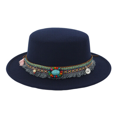 

Tailored Women Wide Brim Wool Belt Felt Flat Top Fedora Hat Party Church Trilby Hats Cap