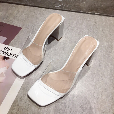 

Chic with a word transparent thick heels female Korean version of Joker sexy fashion slippers