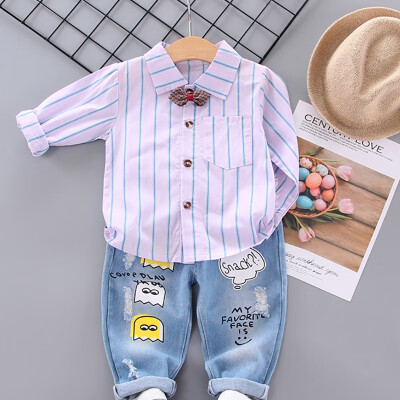 

Autumn Children Baby Boys Casual Long Sleeve Striped Print Shirt TopsCartoon Denim Pants Trouser Set