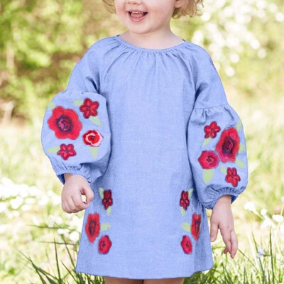 

Toddler Kids Baby Girl Flower Rose Denim Long Sleeve Princess Dress Outfits