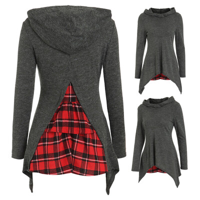 

Starmoon Women Long Sleeve Hooded Back Plaid Patchwork Irregular Sweatshirt Top Pullover